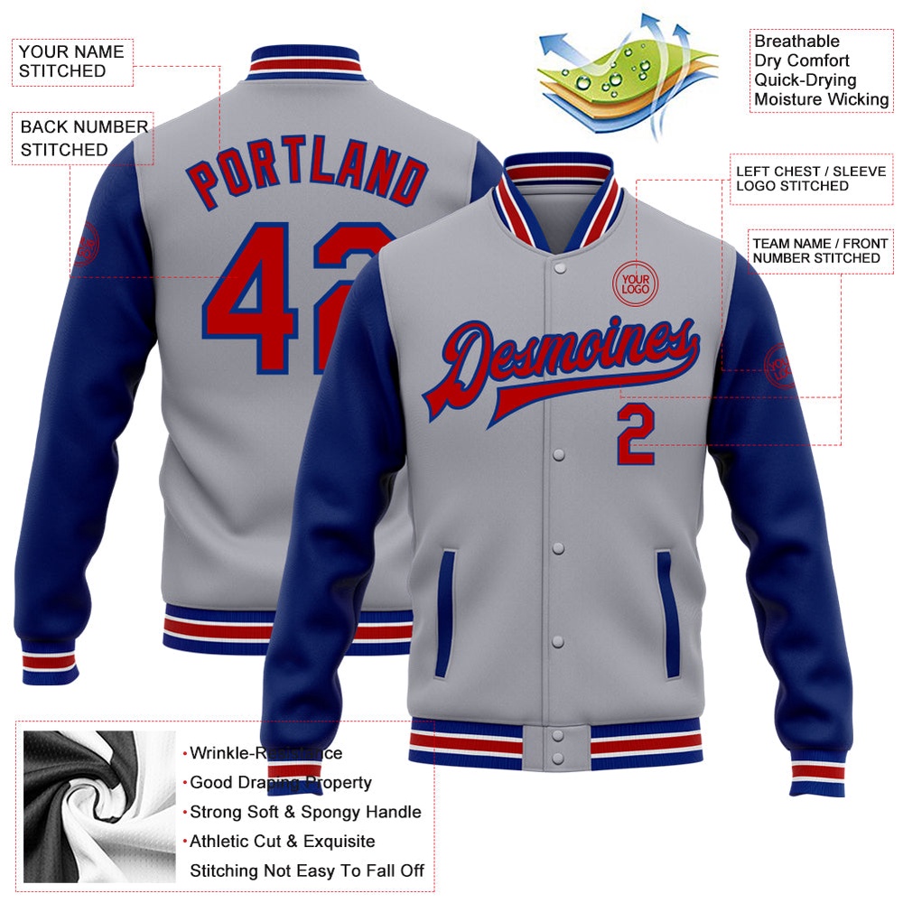 Custom Gray Red Royal Bomber Full Snap Varsity Baseball Jacket, Custom Team Jacket