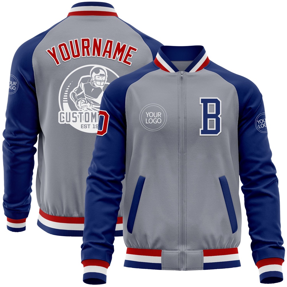 Custom Gray Red Royal Bomber Varsity Baseball Jacket, Custom Team Jacket