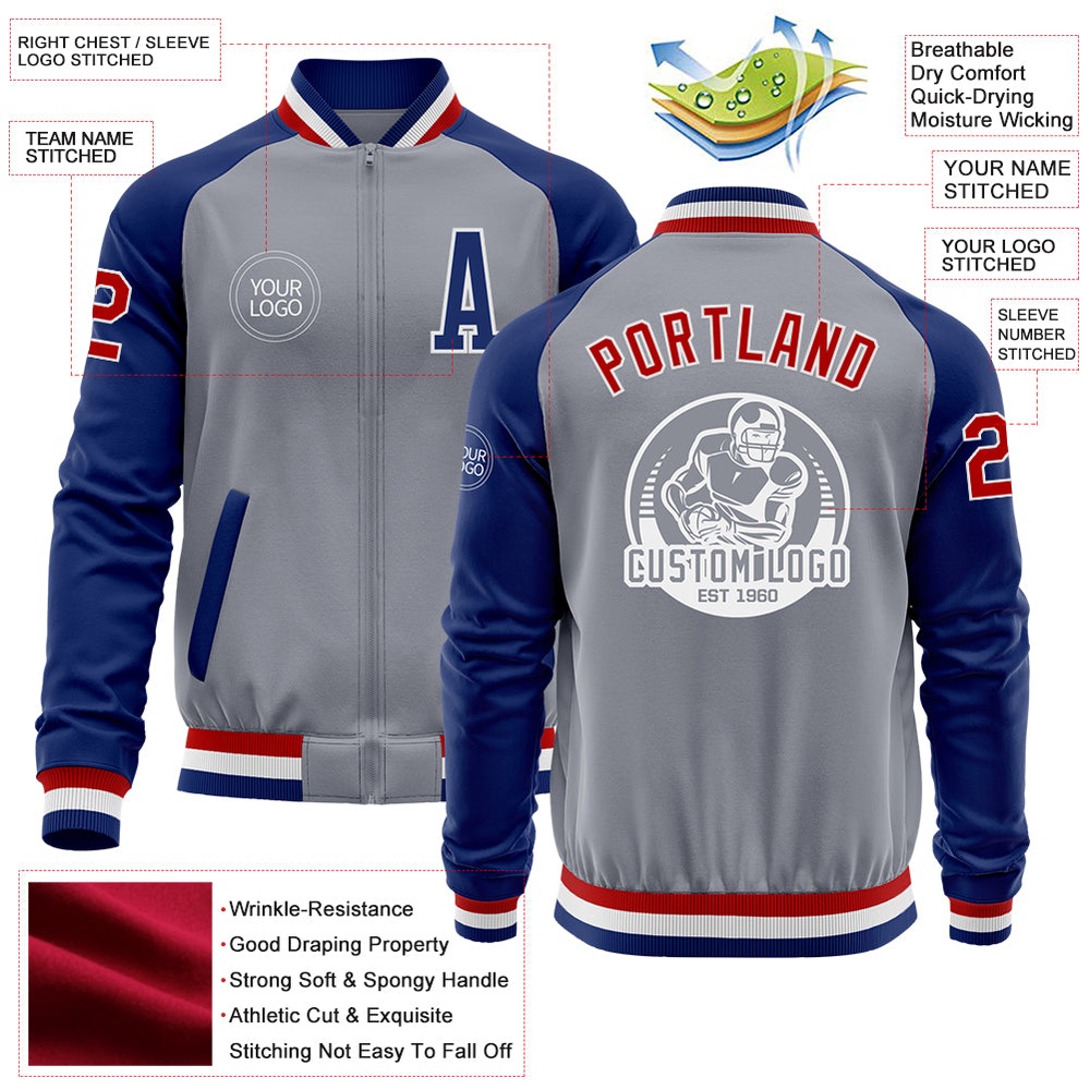 Custom Gray Red Royal Bomber Varsity Baseball Jacket, Custom Team Jacket