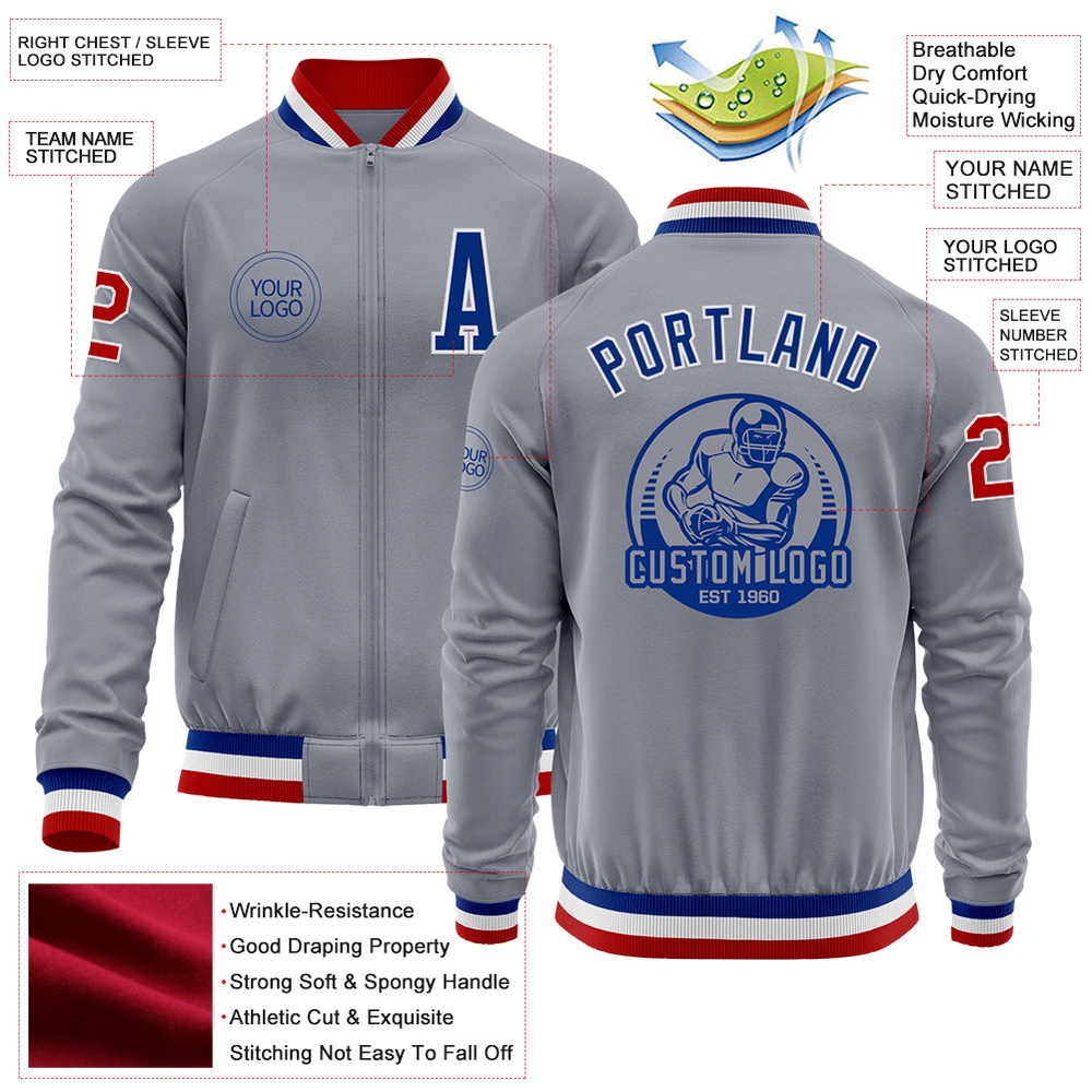 Custom Gray Red Royal Bomber Varsity Letterman Zipper Jacket, Custom Team Jacket