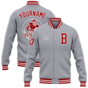 Custom Gray Red White Bomber Full Snap&hellip;