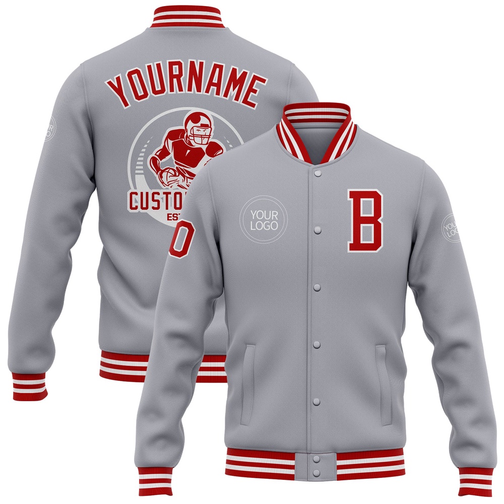 Custom Gray Red White Bomber Full Snap Baseball Jacket, Custom Team Jacket