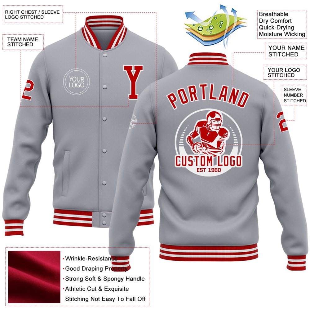 Custom Gray Red White Bomber Full Snap Baseball Jacket, Custom Team Jacket