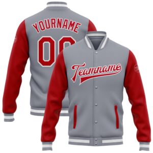 Custom Gray Red White Bomber Full Snap…