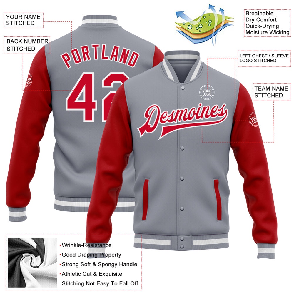 Custom Gray Red White Bomber Full Snap Varsity Baseball Jacket, Custom Team Jacket Custom Gray Red White Bomber Full Snap Varsity Baseball Jacket, Custom Team Jacket