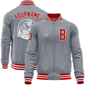 Custom Gray Red White Bomber Varsity Baseball…