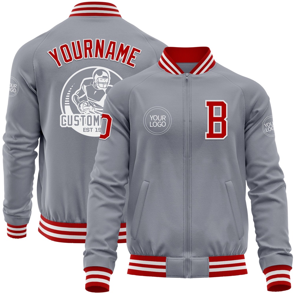 Custom Gray Red White Bomber Varsity Baseball Jacket, Custom Team Jacket Custom Gray Red White Bomber Varsity Baseball Jacket, Custom Team Jacket