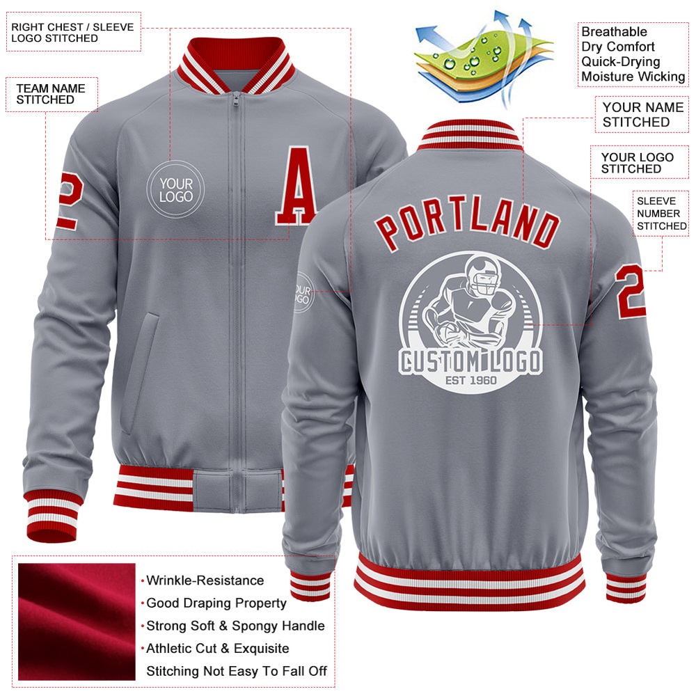 Custom Gray Red White Bomber Varsity Baseball Jacket, Custom Team Jacket Custom Gray Red White Bomber Varsity Baseball Jacket, Custom Team Jacket
