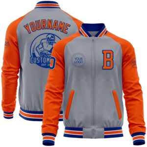 Custom Gray Royal Orange Bomber Varsity Baseball…
