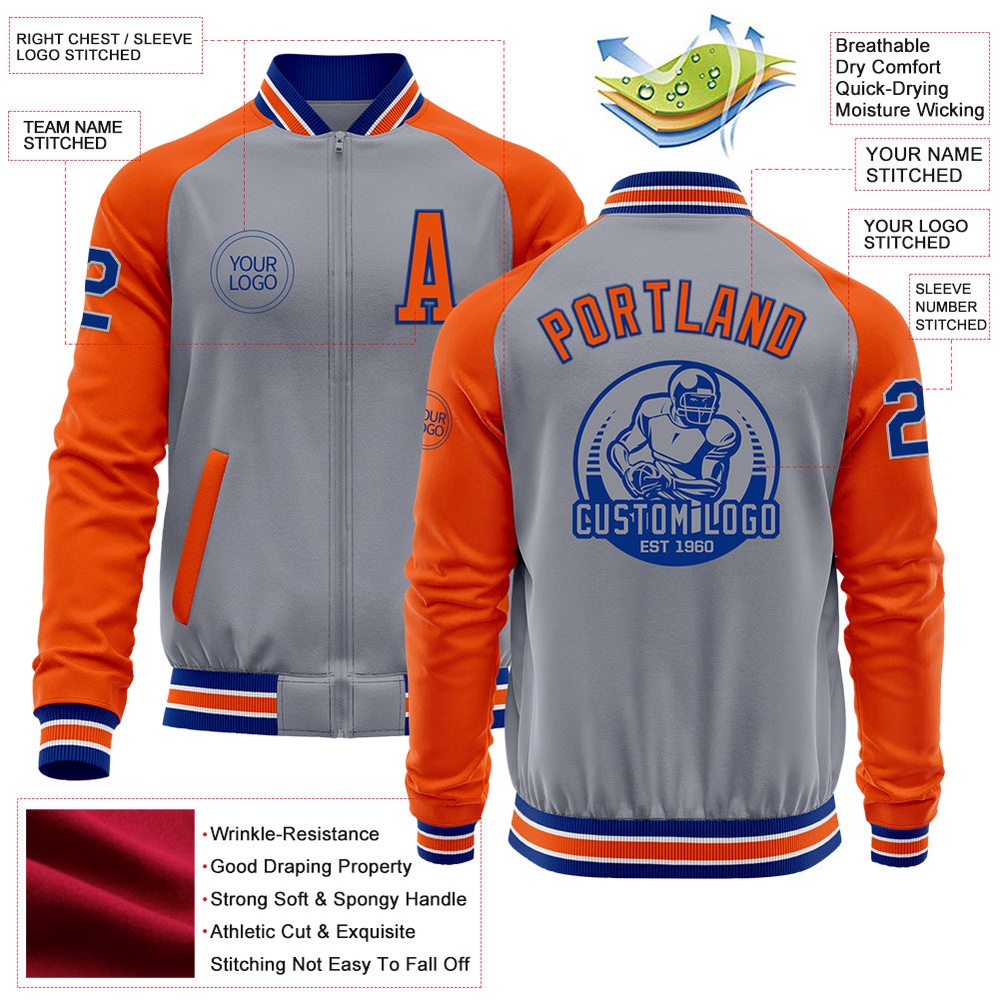 Custom Gray Royal Orange Bomber Varsity Baseball Jacket, Custom Team Jacket Custom Gray Royal Orange Bomber Varsity Baseball Jacket, Custom Team Jacket