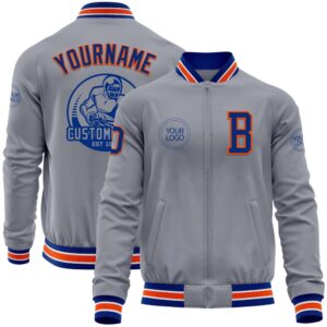Custom Gray Royal Orange Bomber Varsity Letterman…