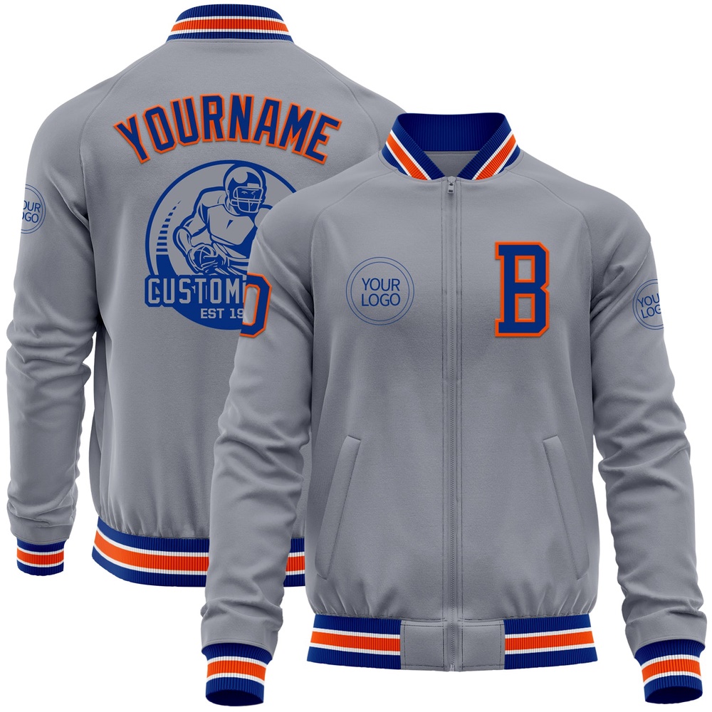 Custom Gray Royal Orange Bomber Varsity Letterman Zipper Jacket, Custom Team Jacket Custom Gray Royal Orange Bomber Varsity Letterman Zipper Jacket, Custom Team Jacket