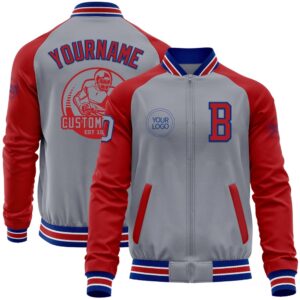 Custom Gray Royal Red Bomber Varsity Baseball…