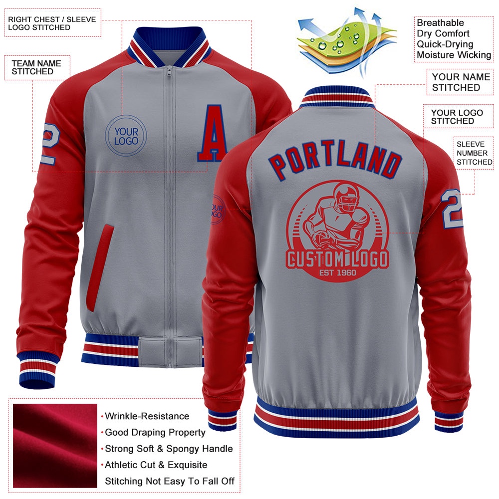 Custom Gray Royal Red Bomber Varsity Baseball Jacket, Custom Team Jacket Custom Gray Royal Red Bomber Varsity Baseball Jacket, Custom Team Jacket