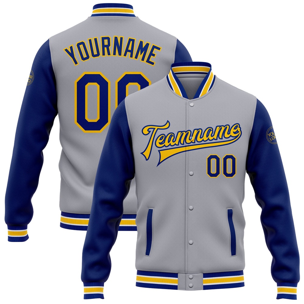 Custom Gray Royal Yellow Bomber Full Snap Varsity Baseball Jacket, Custom Team Jacket Custom Gray Royal Yellow Bomber Full Snap Varsity Baseball Jacket, Custom Team Jacket