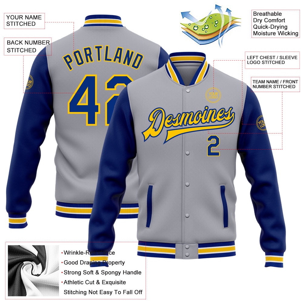 Custom Gray Royal Yellow Bomber Full Snap Varsity Baseball Jacket, Custom Team Jacket Custom Gray Royal Yellow Bomber Full Snap Varsity Baseball Jacket, Custom Team Jacket