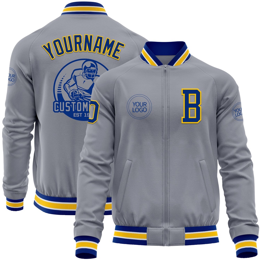 Custom Gray Royal Yellow Bomber Varsity Baseball Jacket, Custom Team Jacket Custom Gray Royal Yellow Bomber Varsity Baseball Jacket, Custom Team Jacket