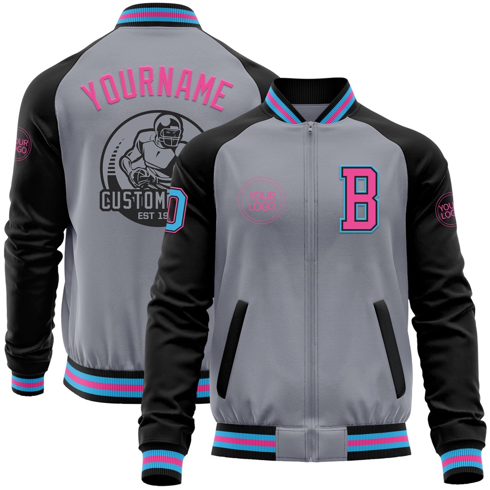 Custom Gray Sky Blue Black Pink Bomber Varsity Baseball Jacket, Custom Team Jacket Custom Gray Sky Blue Black Pink Bomber Varsity Baseball Jacket, Custom Team Jacket