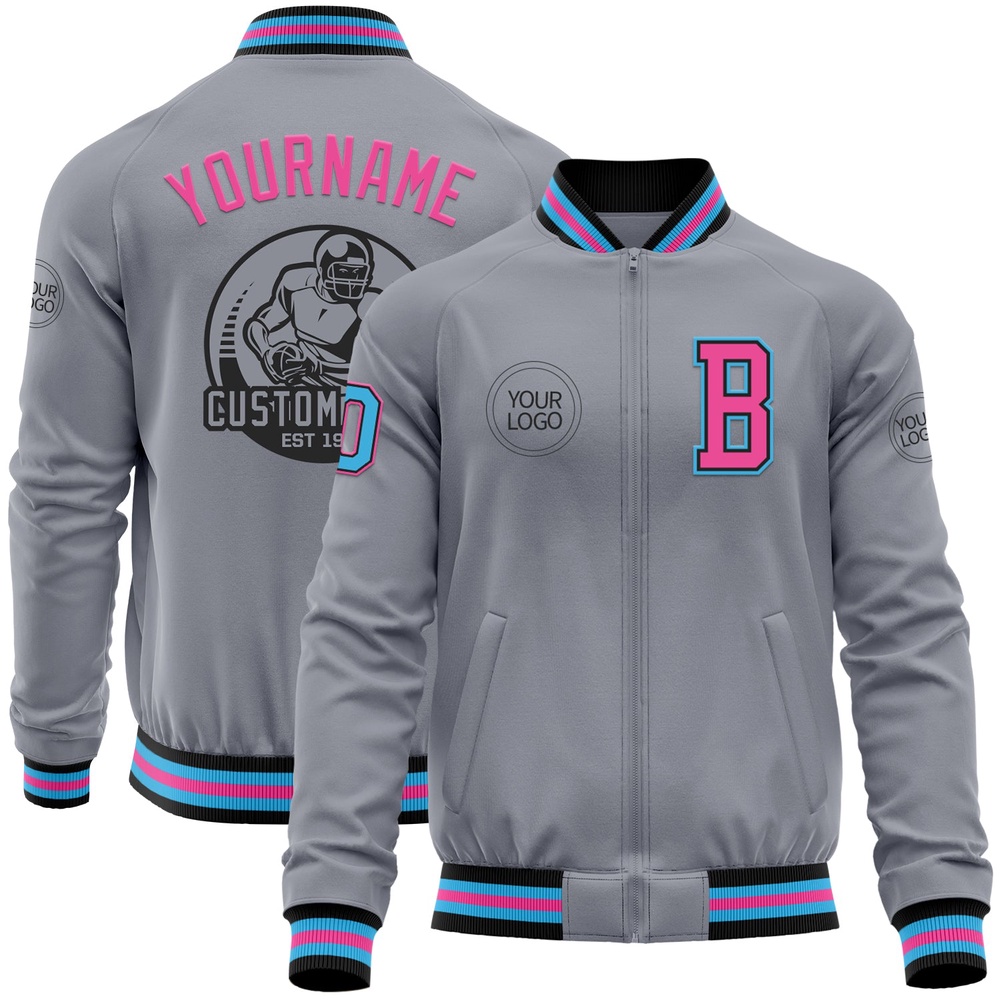 Custom Gray Sky Blue Black Pink Bomber Varsity Letterman Zipper Jacket, Custom Team Jacket Custom Gray Sky Blue Black Pink Bomber Varsity Letterman Zipper Jacket, Custom Team Jacket