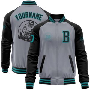 Custom Gray Teal Black Bomber Varsity Baseball…