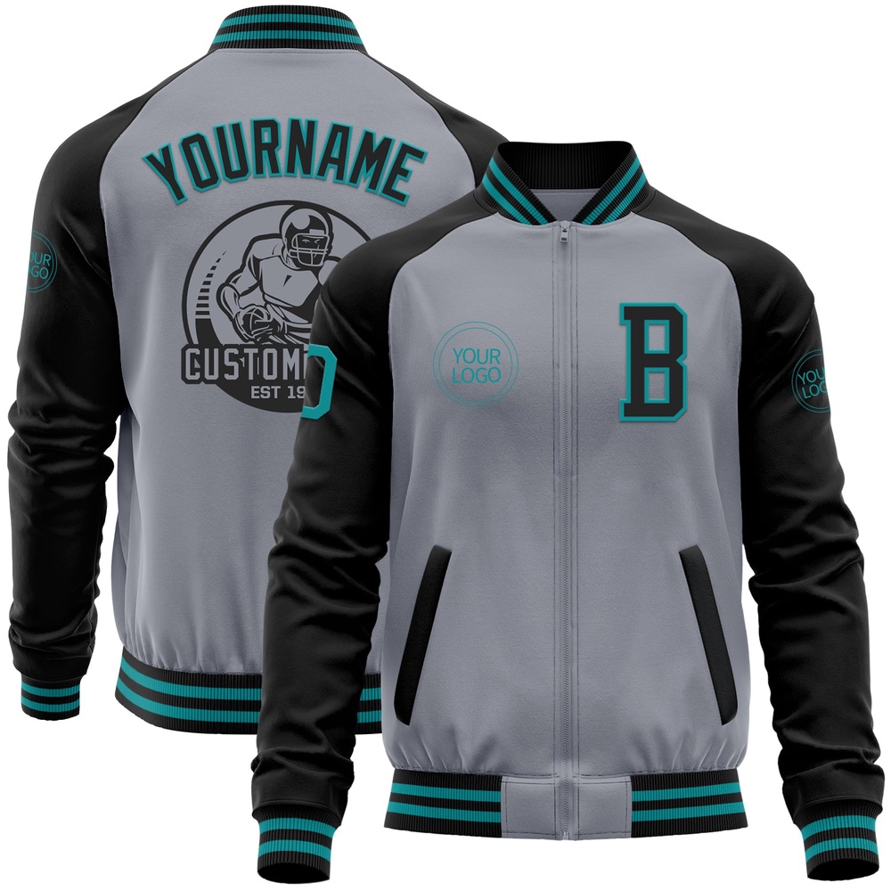 Custom Gray Teal Black Bomber Varsity Baseball Jacket, Custom Team Jacket Custom Gray Teal Black Bomber Varsity Baseball Jacket, Custom Team Jacket