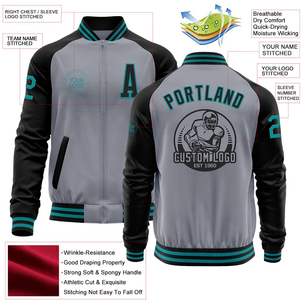 Custom Gray Teal Black Bomber Varsity Baseball Jacket, Custom Team Jacket Custom Gray Teal Black Bomber Varsity Baseball Jacket, Custom Team Jacket