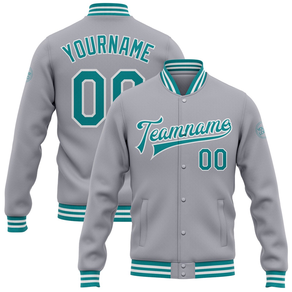Custom Gray Teal White Bomber Full Snap Baseball Jacket, Custom Team Jacket Custom Gray Teal White Bomber Full Snap Baseball Jacket, Custom Team Jacket