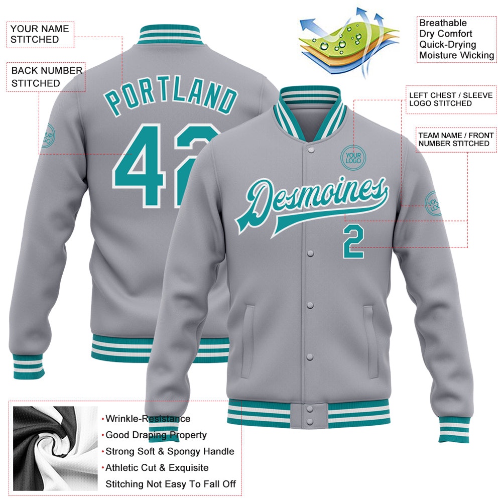 Custom Gray Teal White Bomber Full Snap Baseball Jacket, Custom Team Jacket Custom Gray Teal White Bomber Full Snap Baseball Jacket, Custom Team Jacket