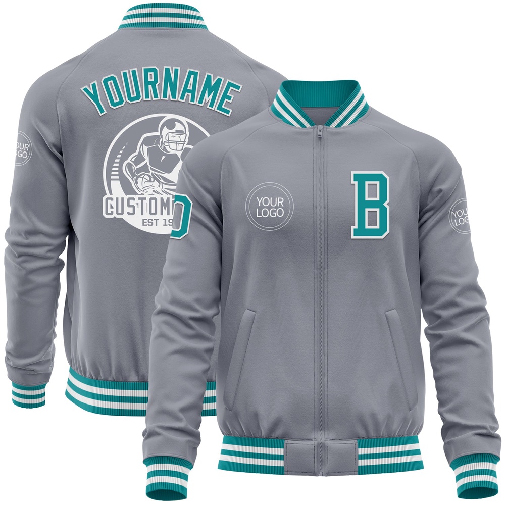Custom Gray Teal White Bomber Varsity Baseball Jacket, Custom Team Jacket Custom Gray Teal White Bomber Varsity Baseball Jacket, Custom Team Jacket