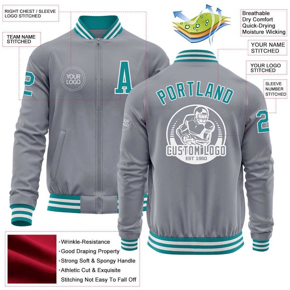 Custom Gray Teal White Bomber Varsity Baseball Jacket, Custom Team Jacket Custom Gray Teal White Bomber Varsity Baseball Jacket, Custom Team Jacket