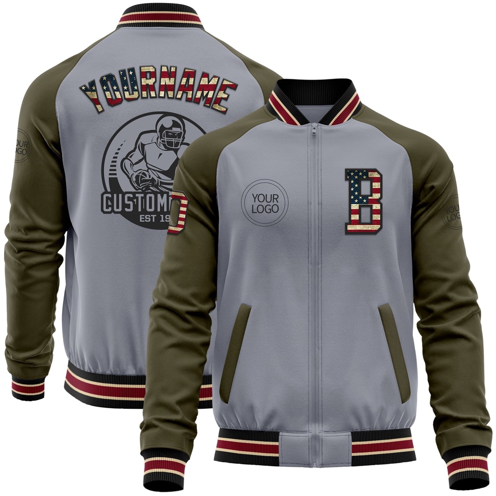 Custom Gray Vintage USA Flag Black City Cream Crimson Olive Varsity Baseball Jacket, Custom Team Jacket Custom Gray Vintage USA Flag Black City Cream Crimson Olive Varsity Baseball Jacket, Custom Team Jacket
