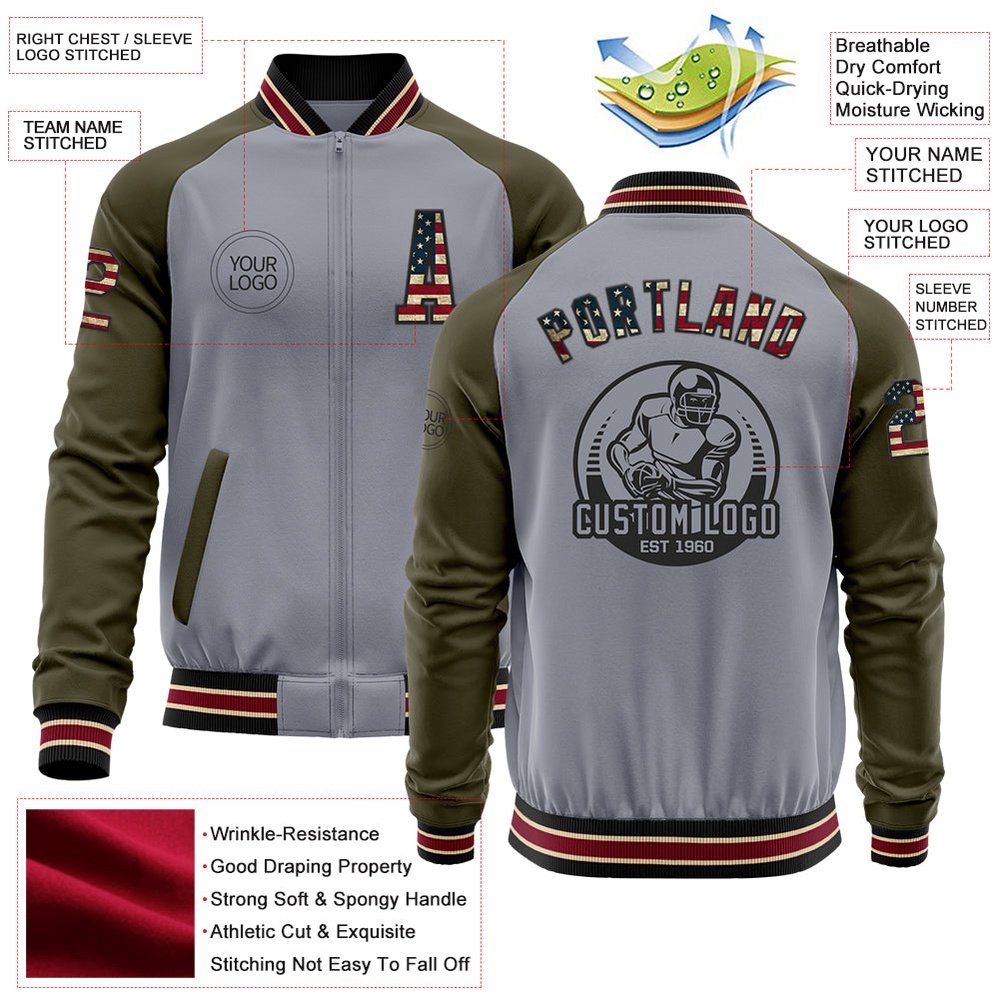 Custom Gray Vintage USA Flag Black City Cream Crimson Olive Varsity Baseball Jacket, Custom Team Jacket Custom Gray Vintage USA Flag Black City Cream Crimson Olive Varsity Baseball Jacket, Custom Team Jacket