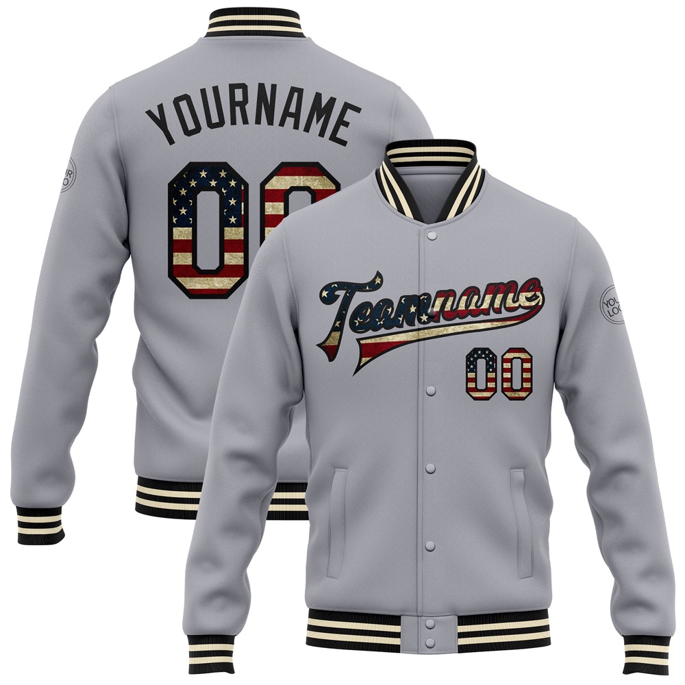 Custom Gray Vintage USA Flag Black Cream Bomber Full Snap Baseball Jacket, Custom Team Jacket Custom Gray Vintage USA Flag Black Cream Bomber Full Snap Baseball Jacket, Custom Team Jacket