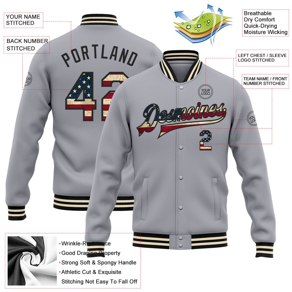 Custom Gray Vintage USA Flag Black Cream Bomber Full Snap Baseball Jacket, Custom Team Jacket Custom Gray Vintage USA Flag Black Cream Bomber Full Snap Baseball Jacket, Custom Team Jacket