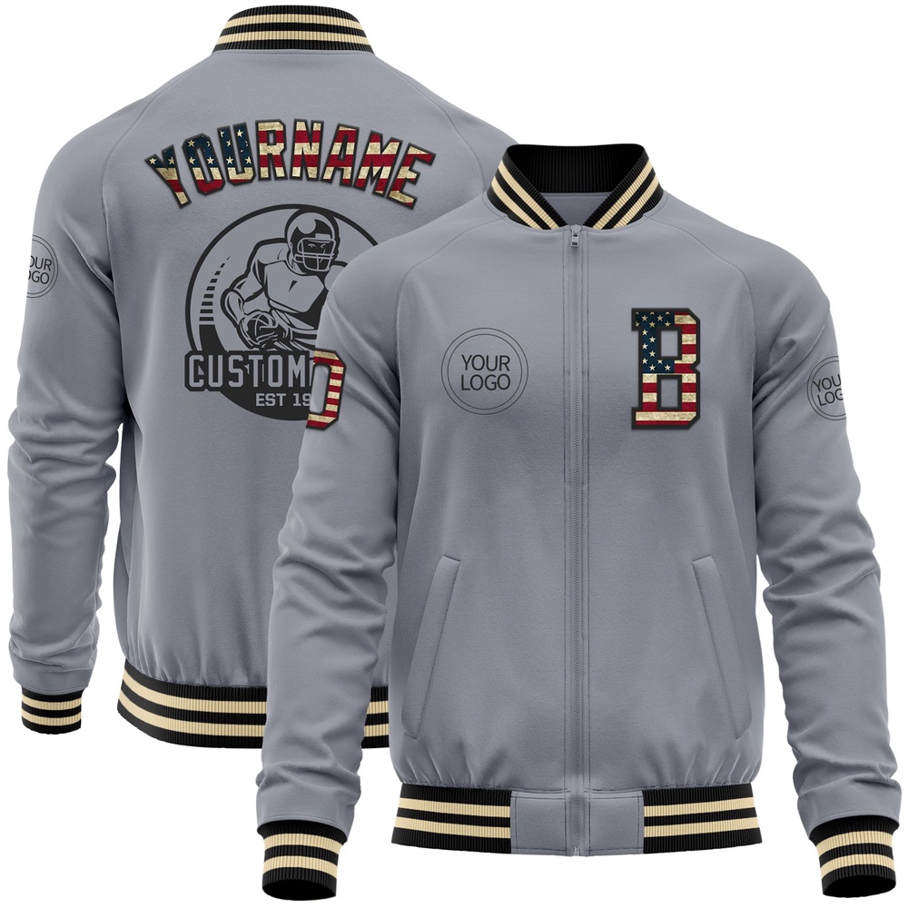 Custom Gray Vintage USA Flag Black Cream Bomber Varsity Baseball Jacket, Custom Team Jacket Custom Gray Vintage USA Flag Black Cream Bomber Varsity Baseball Jacket, Custom Team Jacket
