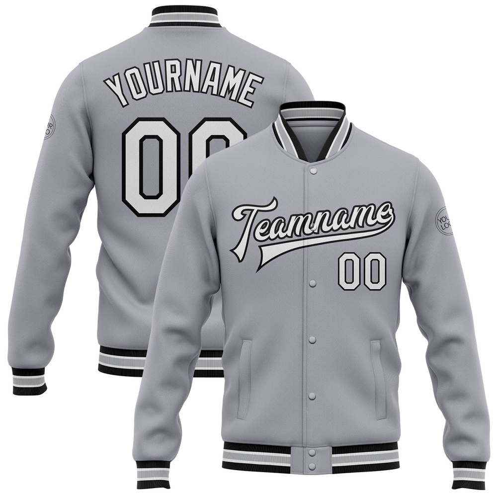 Custom Gray White Black Bomber Full Snap Baseball Jacket, Custom Team Jacket Custom Gray White Black Bomber Full Snap Baseball Jacket, Custom Team Jacket