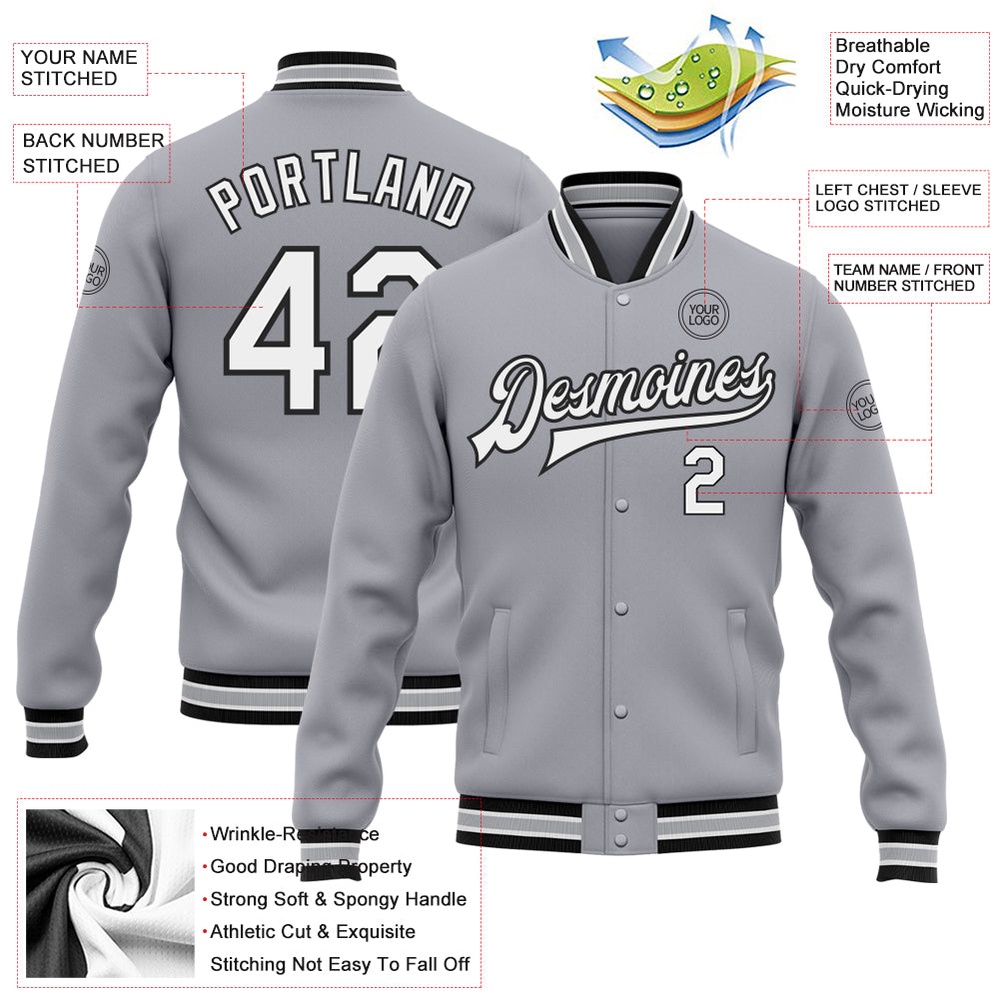 Custom Gray White Black Bomber Full Snap Baseball Jacket, Custom Team Jacket Custom Gray White Black Bomber Full Snap Baseball Jacket, Custom Team Jacket