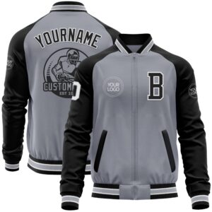Custom Gray White Black Bomber Varsity Baseball…