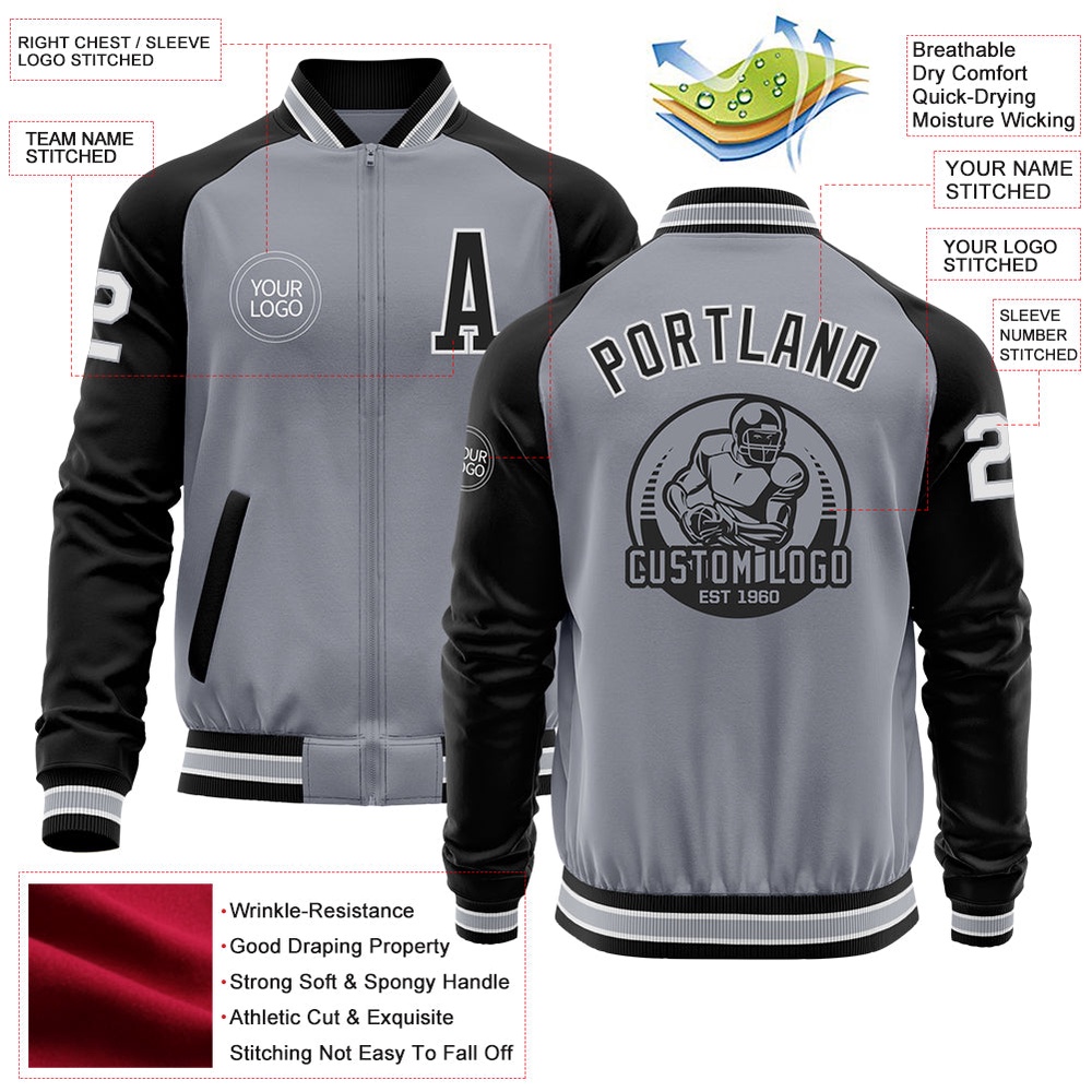 Custom Gray White Black Bomber Varsity Baseball Jacket, Custom Team Jacket Custom Gray White Black Bomber Varsity Baseball Jacket, Custom Team Jacket