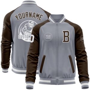 Custom Gray White Brown Varsity Baseball Jacket,…