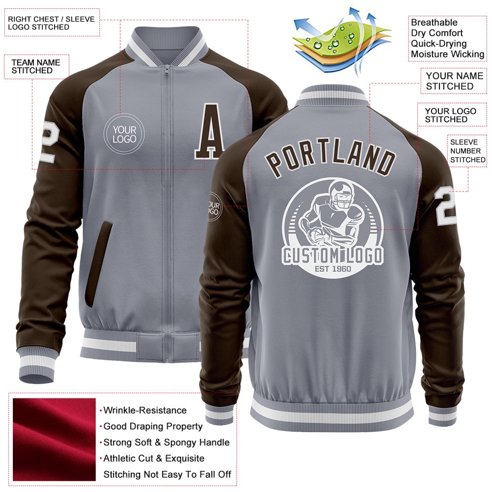 Custom Gray White Brown Varsity Baseball Jacket, Custom Team Jacket Custom Gray White Brown Varsity Baseball Jacket, Custom Team Jacket
