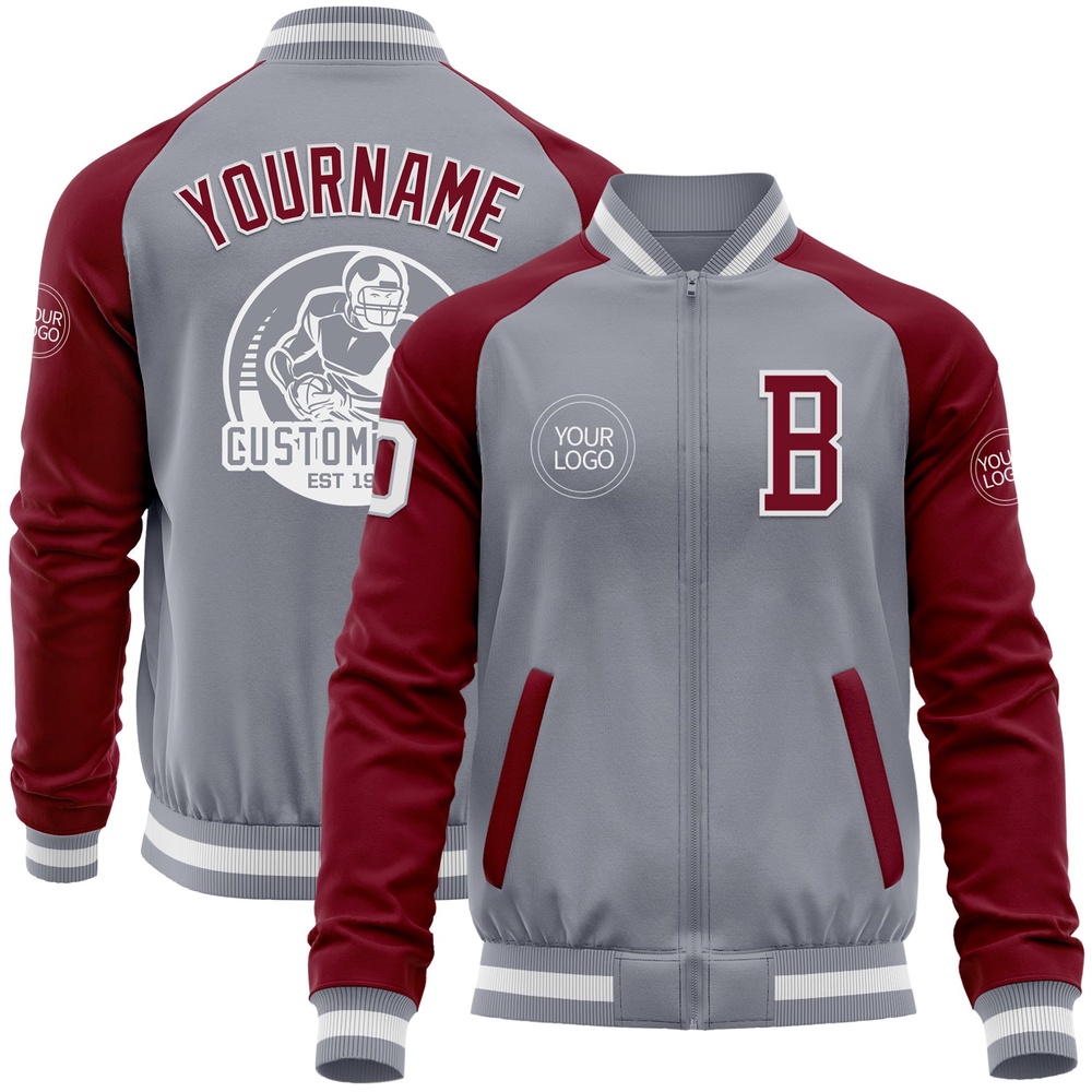 Custom Gray White Crimson Varsity Baseball Jacket, Custom Team Jacket Custom Gray White Crimson Varsity Baseball Jacket, Custom Team Jacket