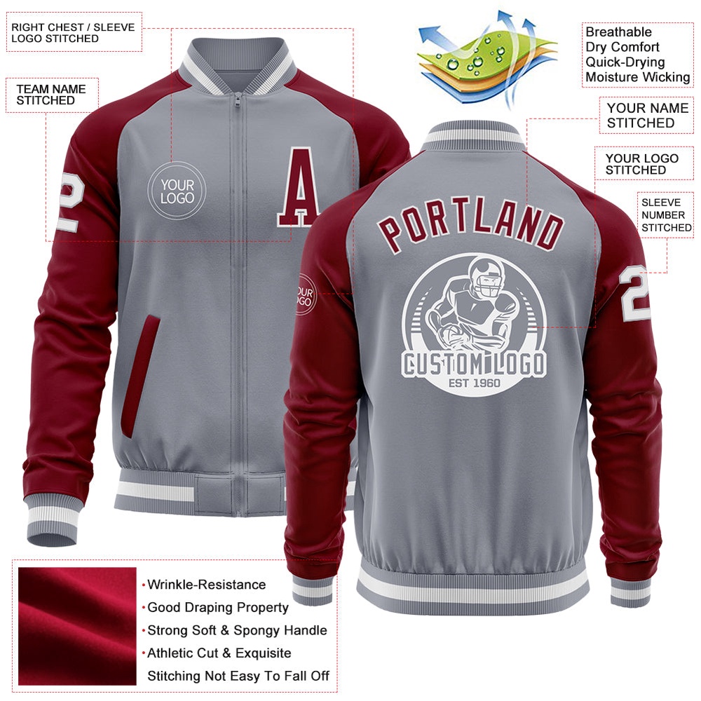 Custom Gray White Crimson Varsity Baseball Jacket, Custom Team Jacket Custom Gray White Crimson Varsity Baseball Jacket, Custom Team Jacket