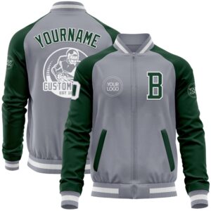 Custom Gray White Green Bomber Varsity Baseball…