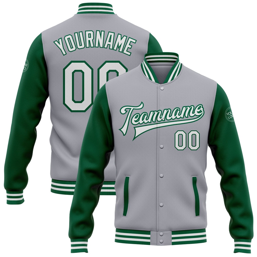 Custom Gray White Kelly Green Bomber Full Snap Varsity Baseball Jacket, Custom Team Jacket Custom Gray White Kelly Green Bomber Full Snap Varsity Baseball Jacket, Custom Team Jacket