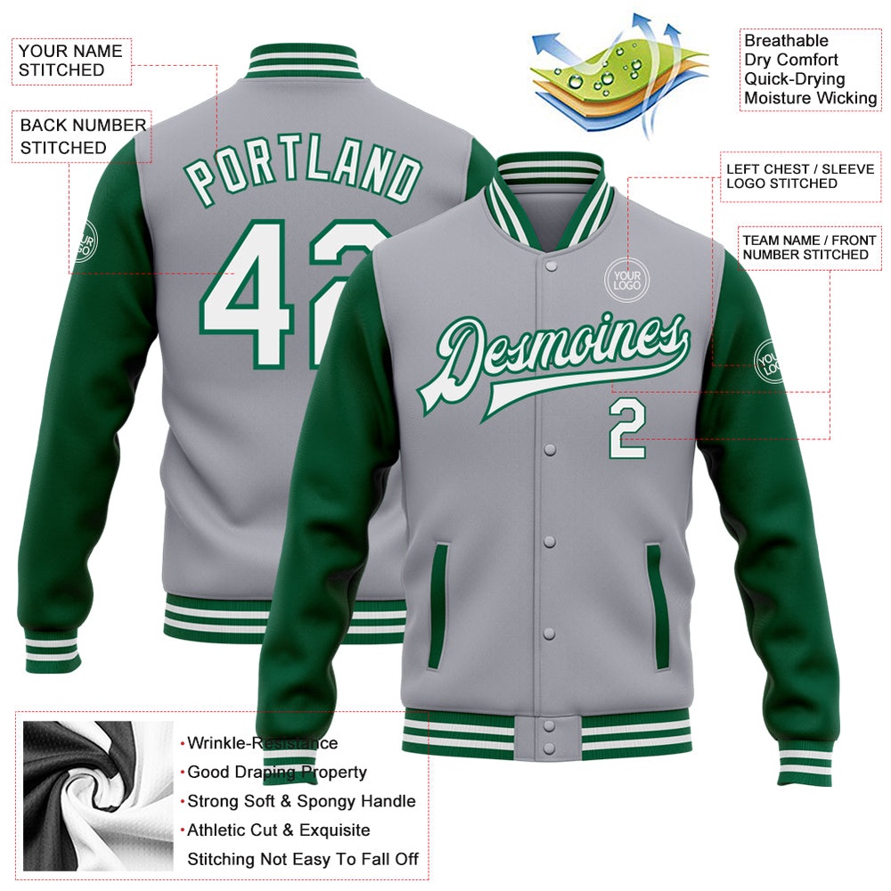 Custom Gray White Kelly Green Bomber Full Snap Varsity Baseball Jacket, Custom Team Jacket Custom Gray White Kelly Green Bomber Full Snap Varsity Baseball Jacket, Custom Team Jacket
