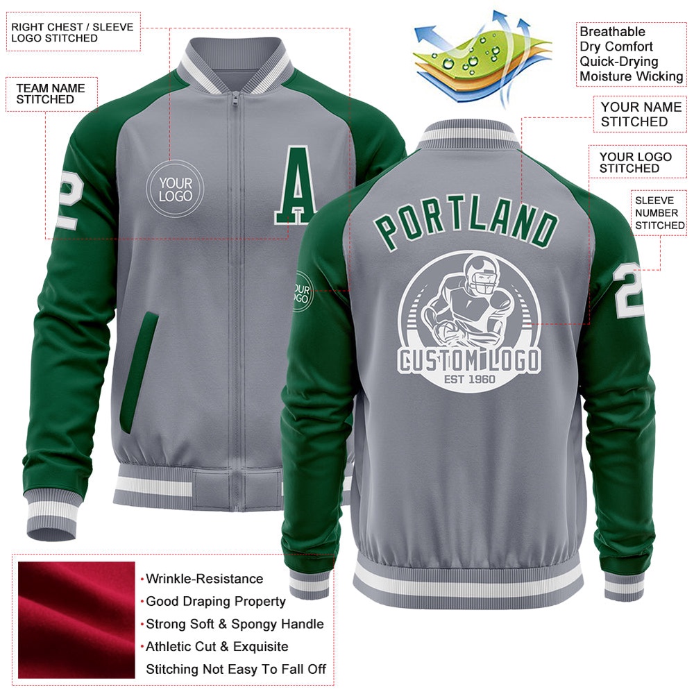 Custom Gray White Kelly Green Varsity Baseball Jacket, Custom Team Jacket Custom Gray White Kelly Green Varsity Baseball Jacket, Custom Team Jacket