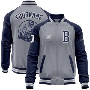 Custom Gray White Navy Varsity Baseball Jacket,…