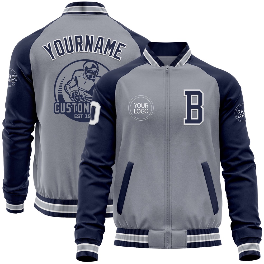 Custom Gray White Navy Varsity Baseball Jacket, Custom Team Jacket Custom Gray White Navy Varsity Baseball Jacket, Custom Team Jacket