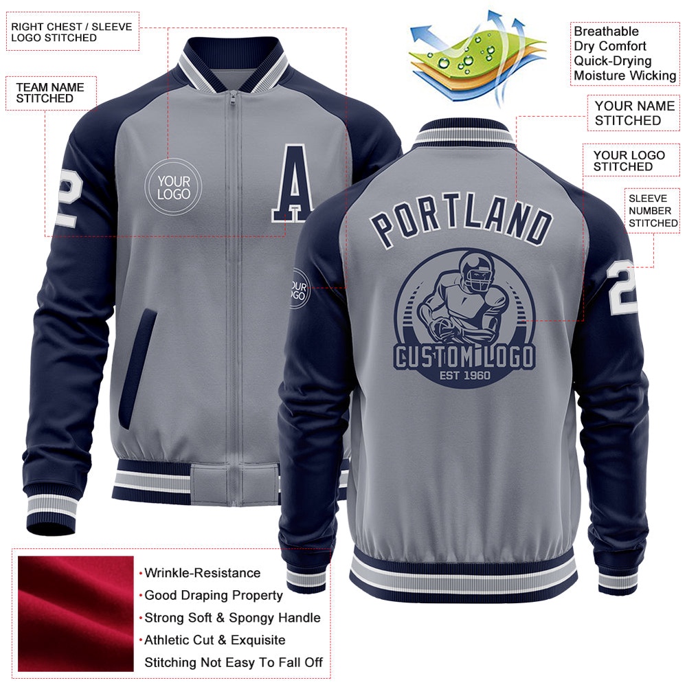 Custom Gray White Navy Varsity Baseball Jacket, Custom Team Jacket Custom Gray White Navy Varsity Baseball Jacket, Custom Team Jacket